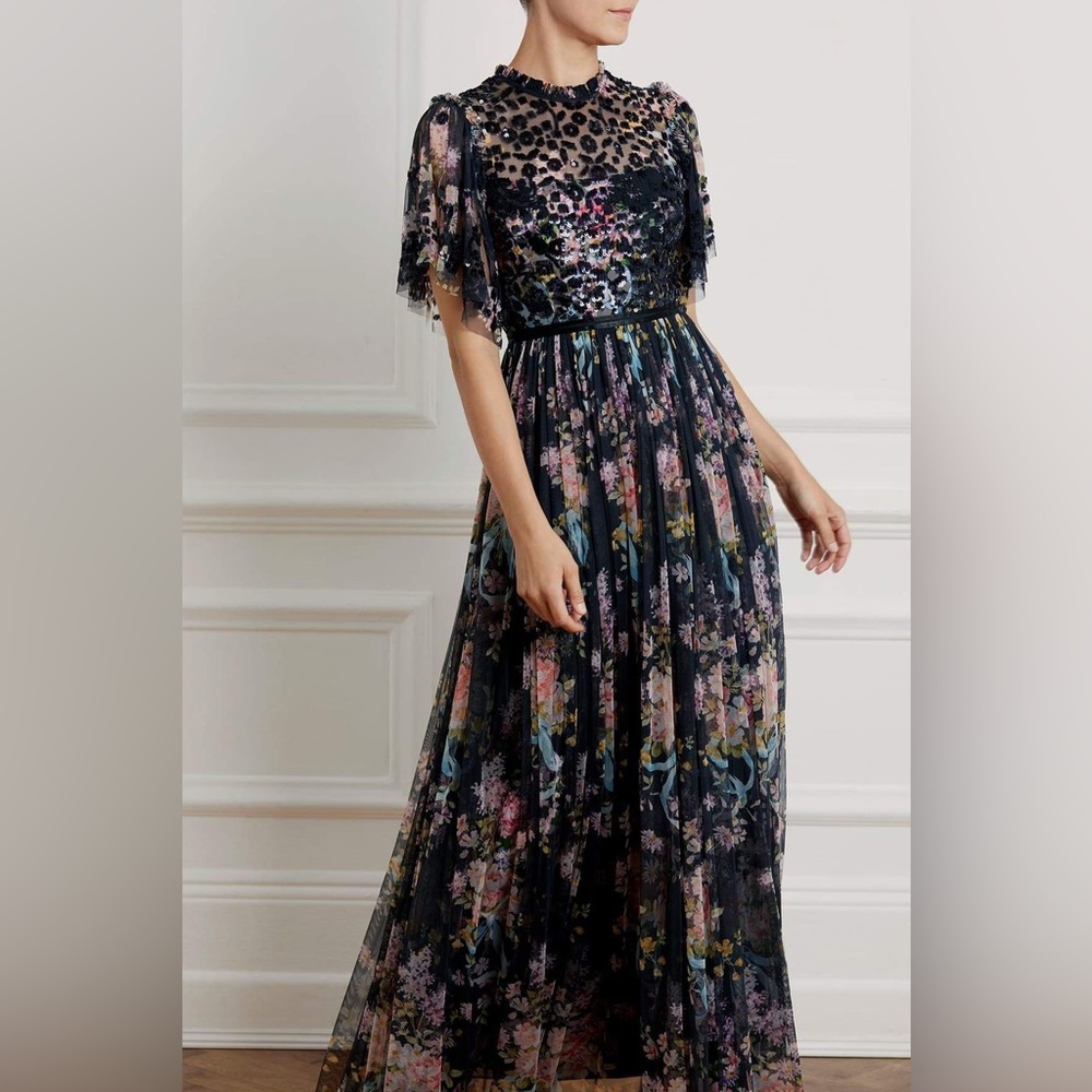 Needle & Thread Floral Embroidered Maxi Dress - Black and Pink